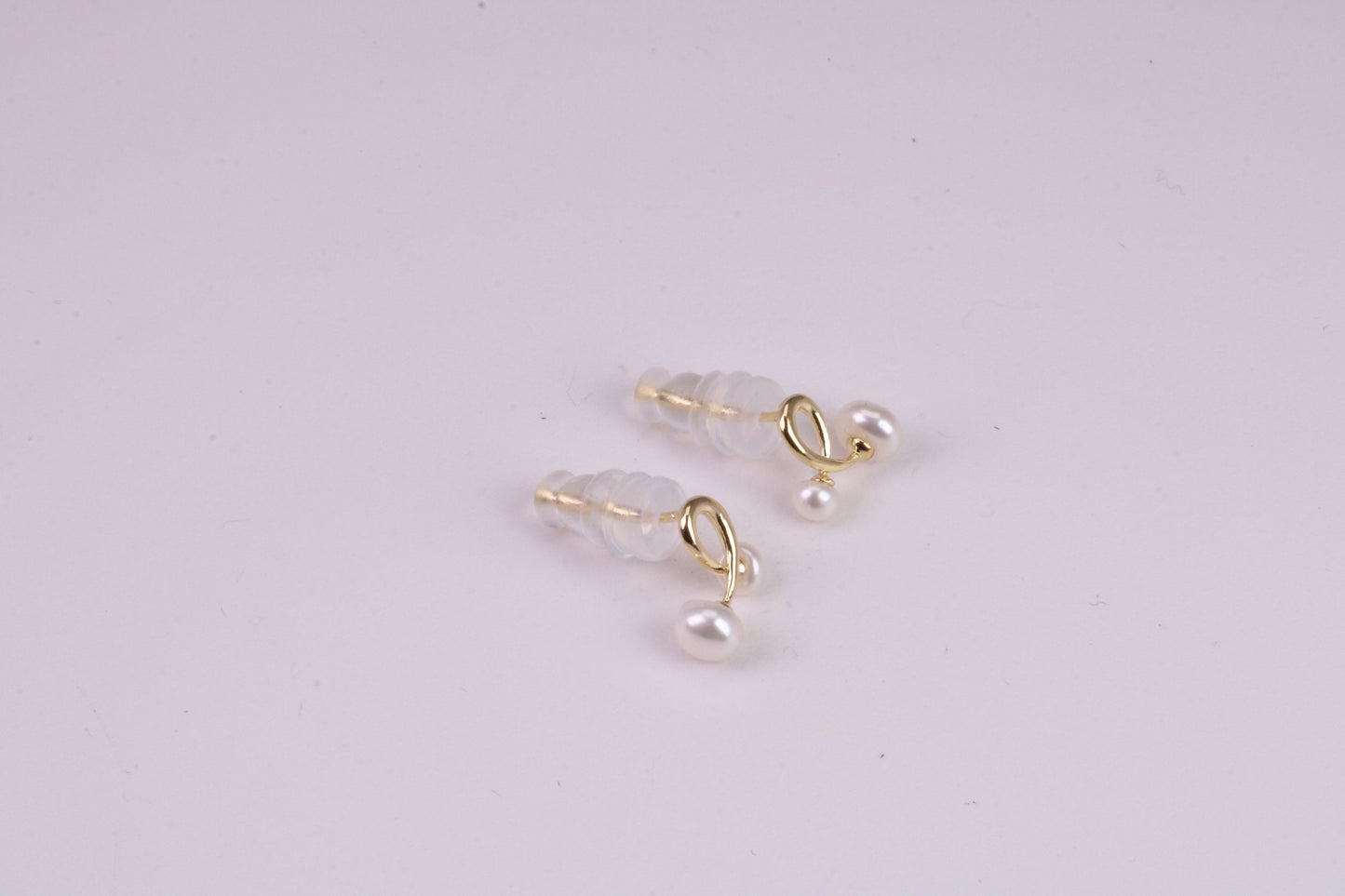 Natural Round Pearl set Stud Earrings, set in Solid Silver, 18ct Yellow Gold Pated, Comfortable Rubber Backings