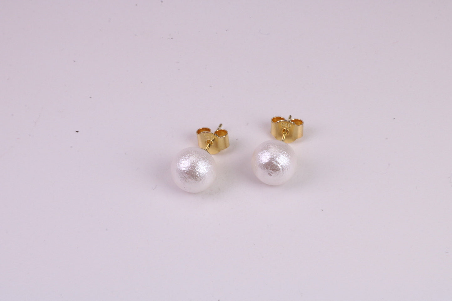 Natural 8 mm Round Pearl set Stud Earrings, set in Solid Silver, 18ct Yellow Gold Pated