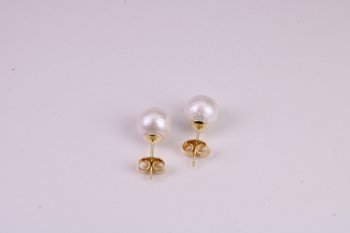 Natural 8 mm Round Pearl set Stud Earrings, set in Solid Silver, 18ct Yellow Gold Pated