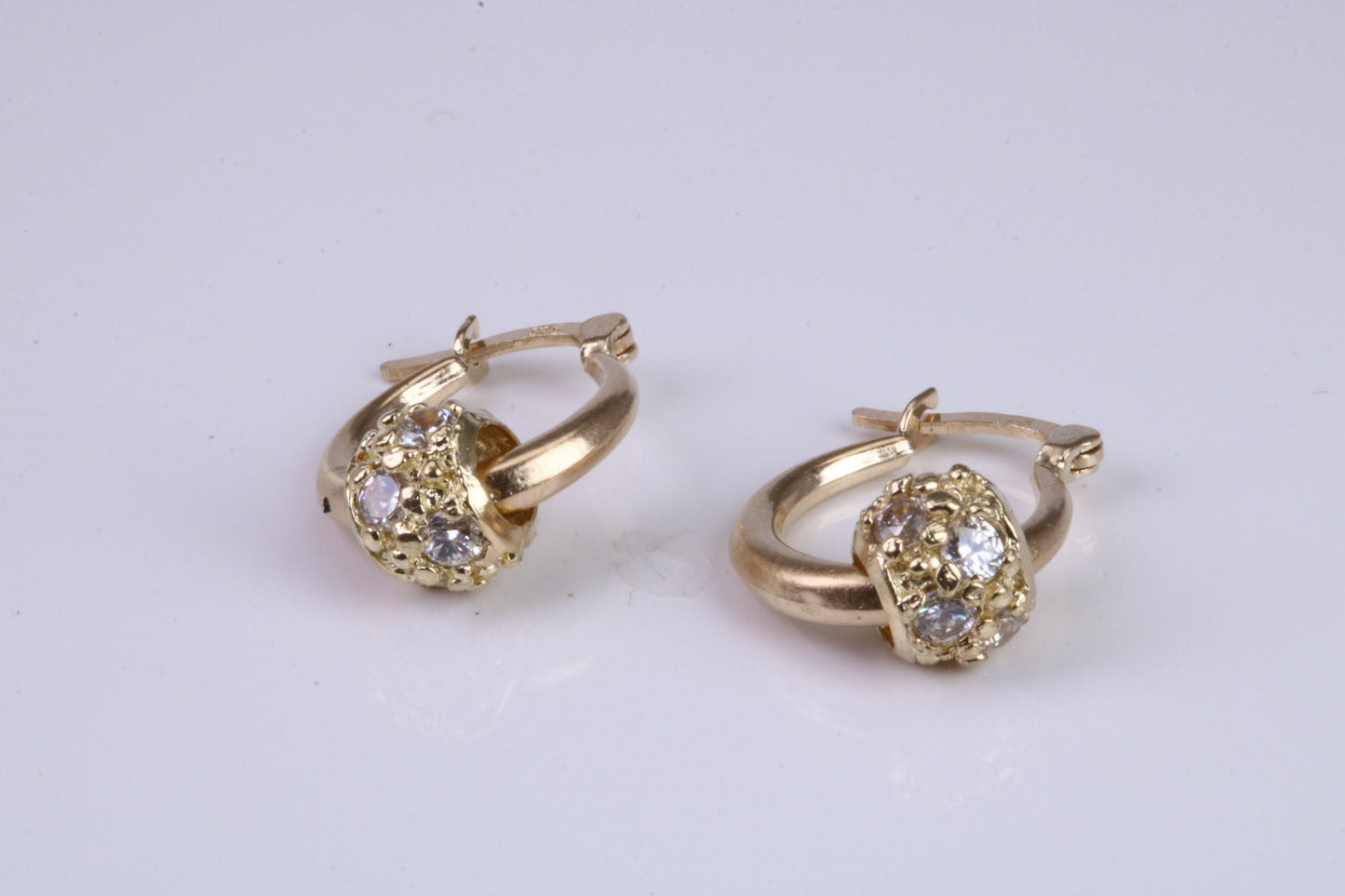 Hoop Creole Earrings with C Z Set Ball, Made from Solid Yellow Gold