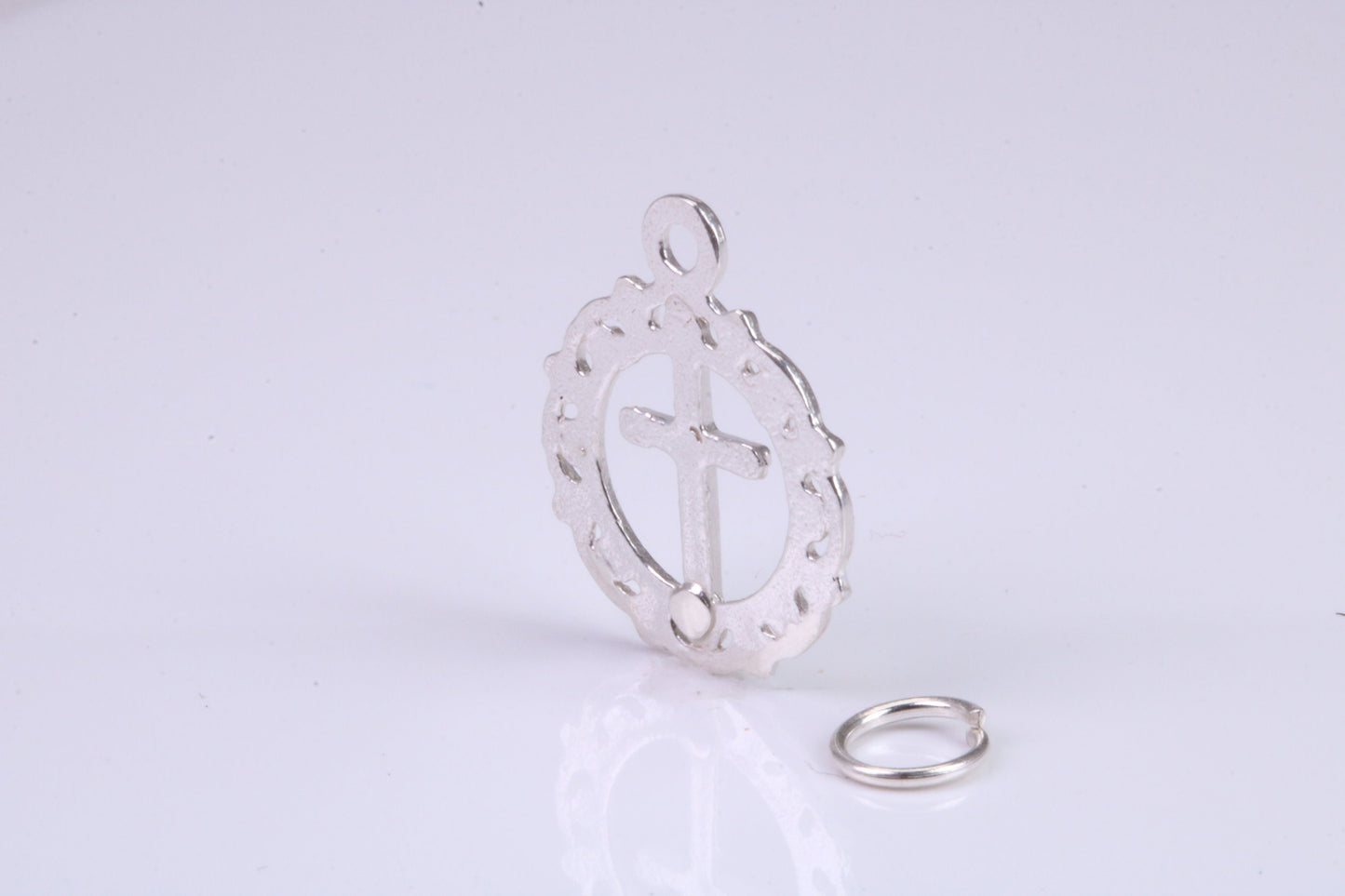 Cross In Wreath Charm, Traditional Charm, Made from Solid 925 Grade Sterling Silver, Complete with Attachment Link