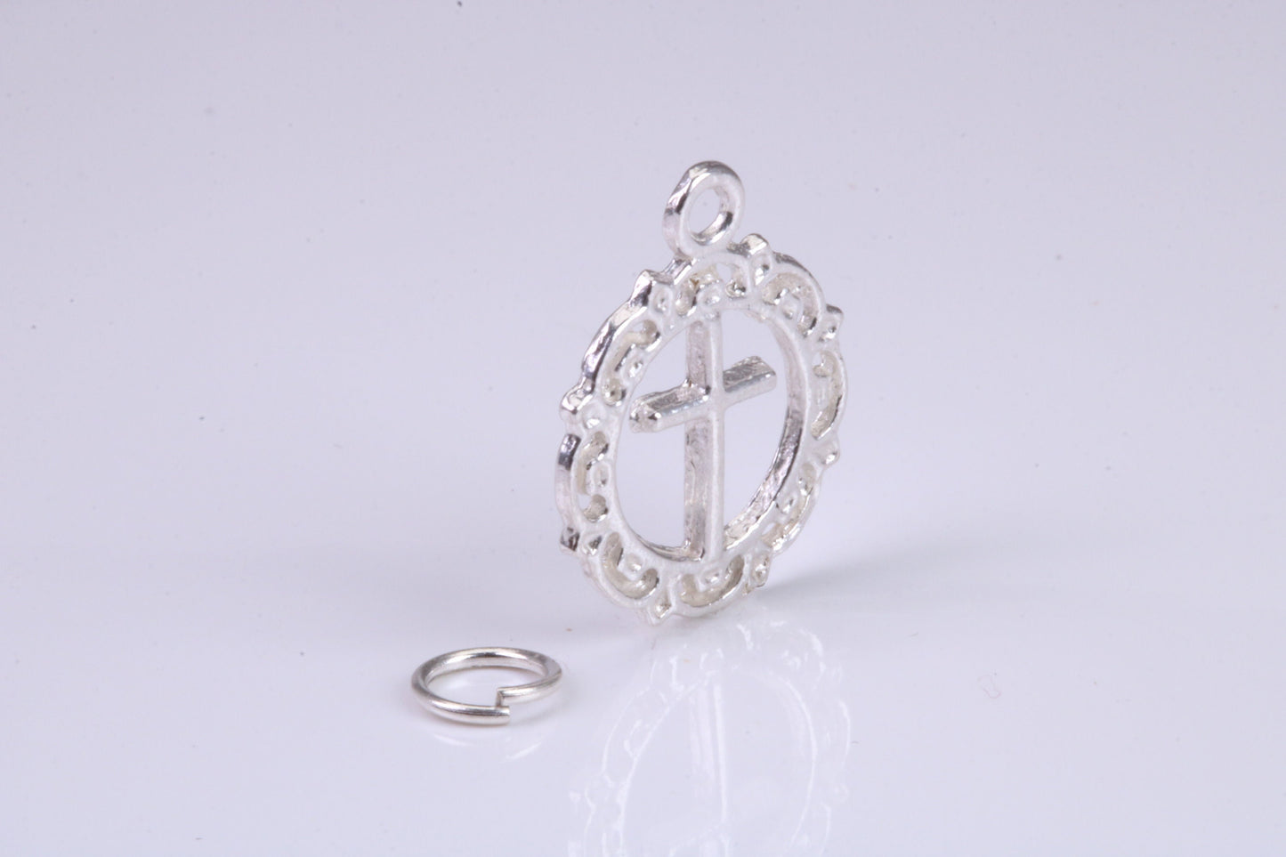 Cross In Wreath Charm, Traditional Charm, Made from Solid 925 Grade Sterling Silver, Complete with Attachment Link