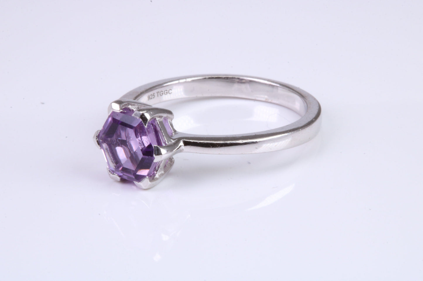 Hexagon cut Amethyst set Sterling Silver Ring, February Birthstone