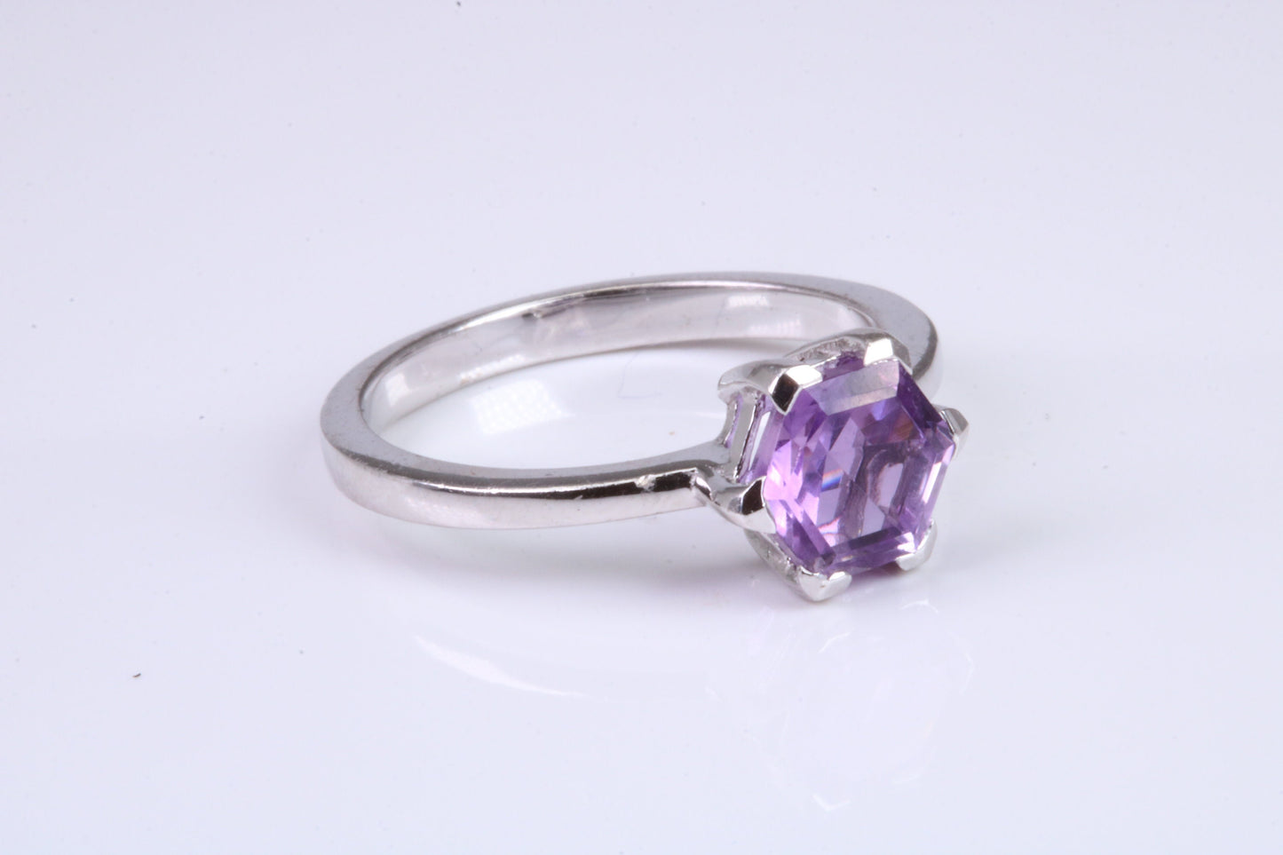 Hexagon cut Amethyst set Sterling Silver Ring, February Birthstone