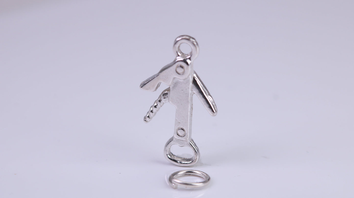 Wine Bottle Opener Charm, Traditional Charm, Made from Solid 925 Grade Sterling Silver, Complete with Attachment Link