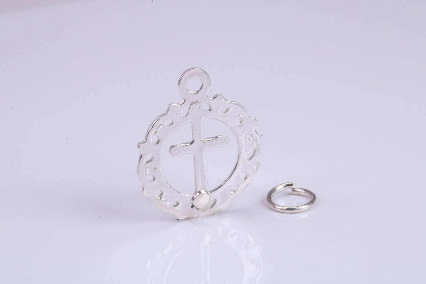 Cross In Wreath Charm, Traditional Charm, Made from Solid 925 Grade Sterling Silver, Complete with Attachment Link