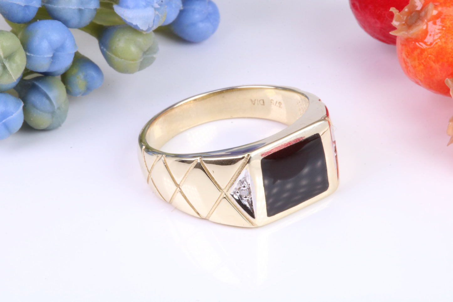 Gents Diamond and Black Onyx set Signet Ring, Made from Yellow Gold, British Hallmarked