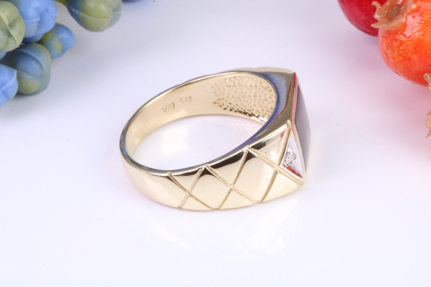 Gents Diamond and Black Onyx set Signet Ring, Made from Yellow Gold, British Hallmarked