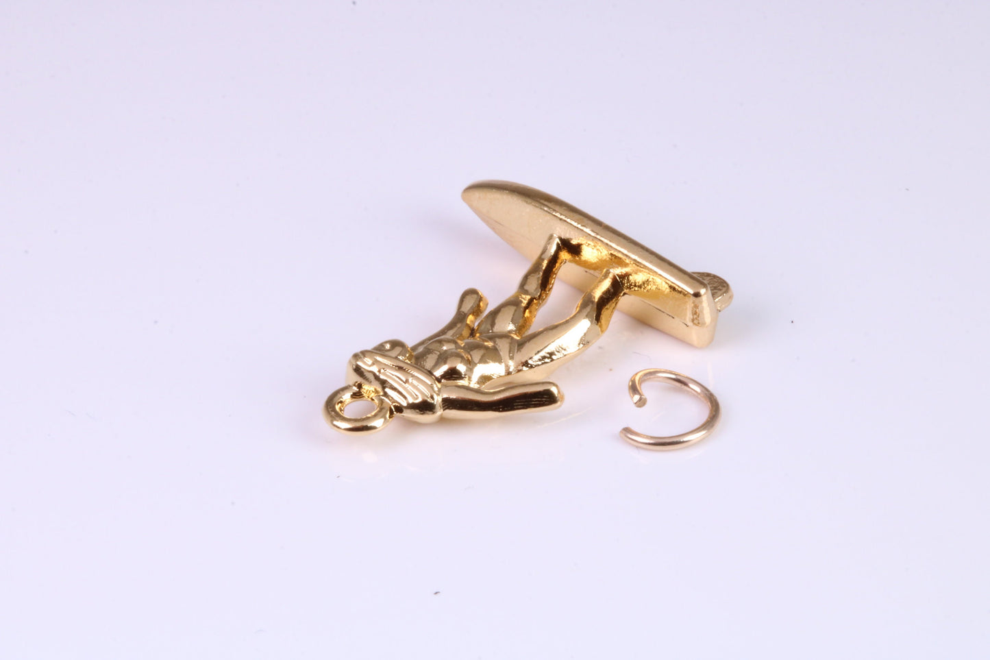 Surfing Girl Charm, Traditional Charm, Made from Solid Yellow Gold, British Hallmarked, Complete with Attachment Link