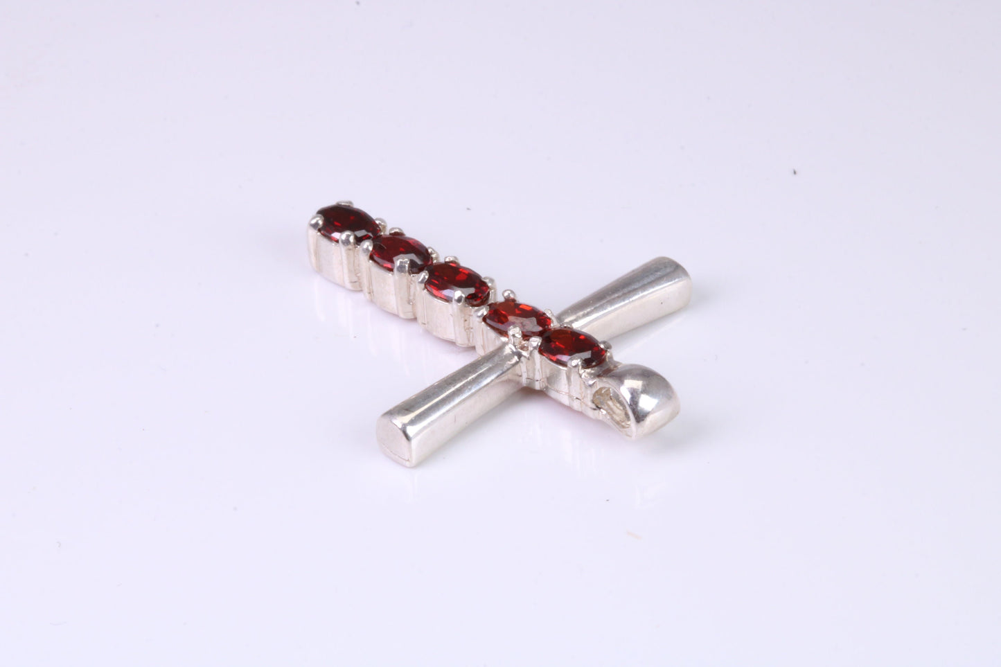 33 mm Long, Garnet Red C Z set Sterling Silver Cross, Made From Solid Cast Silver