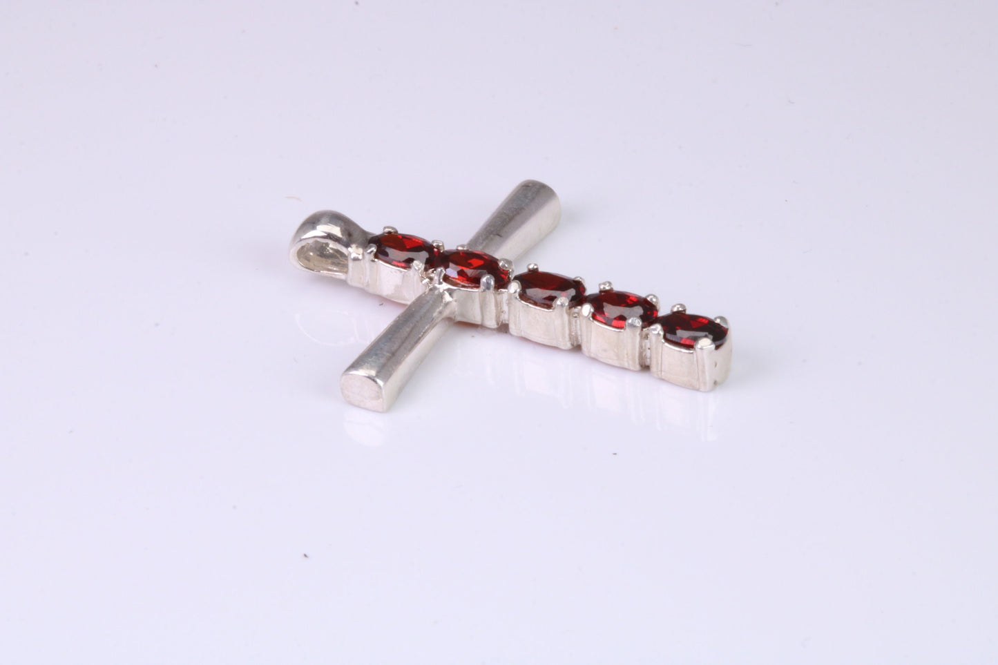 33 mm Long, Garnet Red C Z set Sterling Silver Cross, Made From Solid Cast Silver
