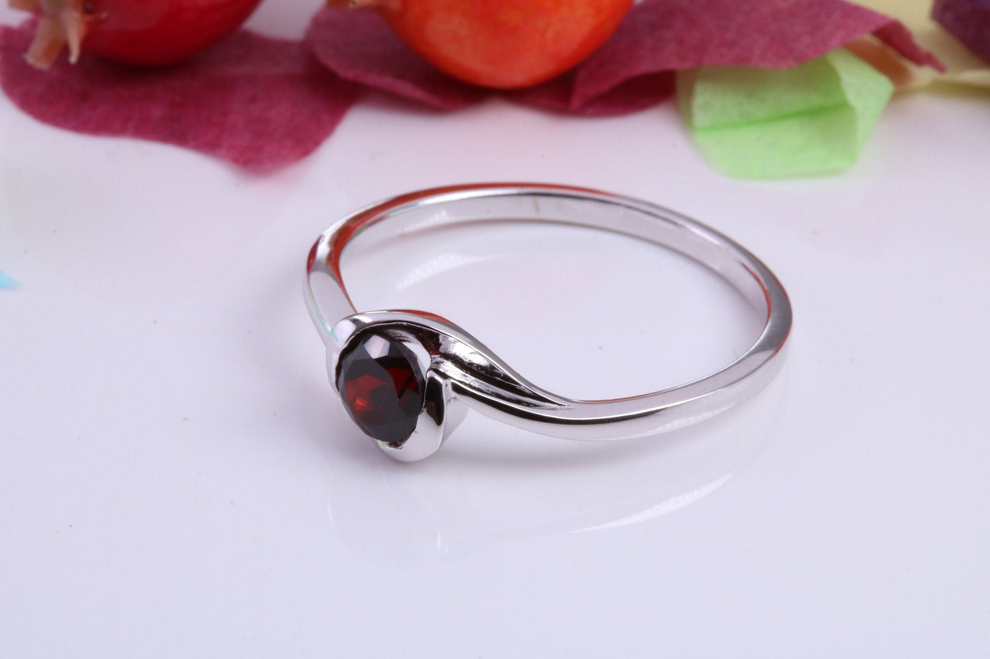 Natural Round cut Garnet set Sterling Silver Ring, Very Smooth Setting, January Birthstone