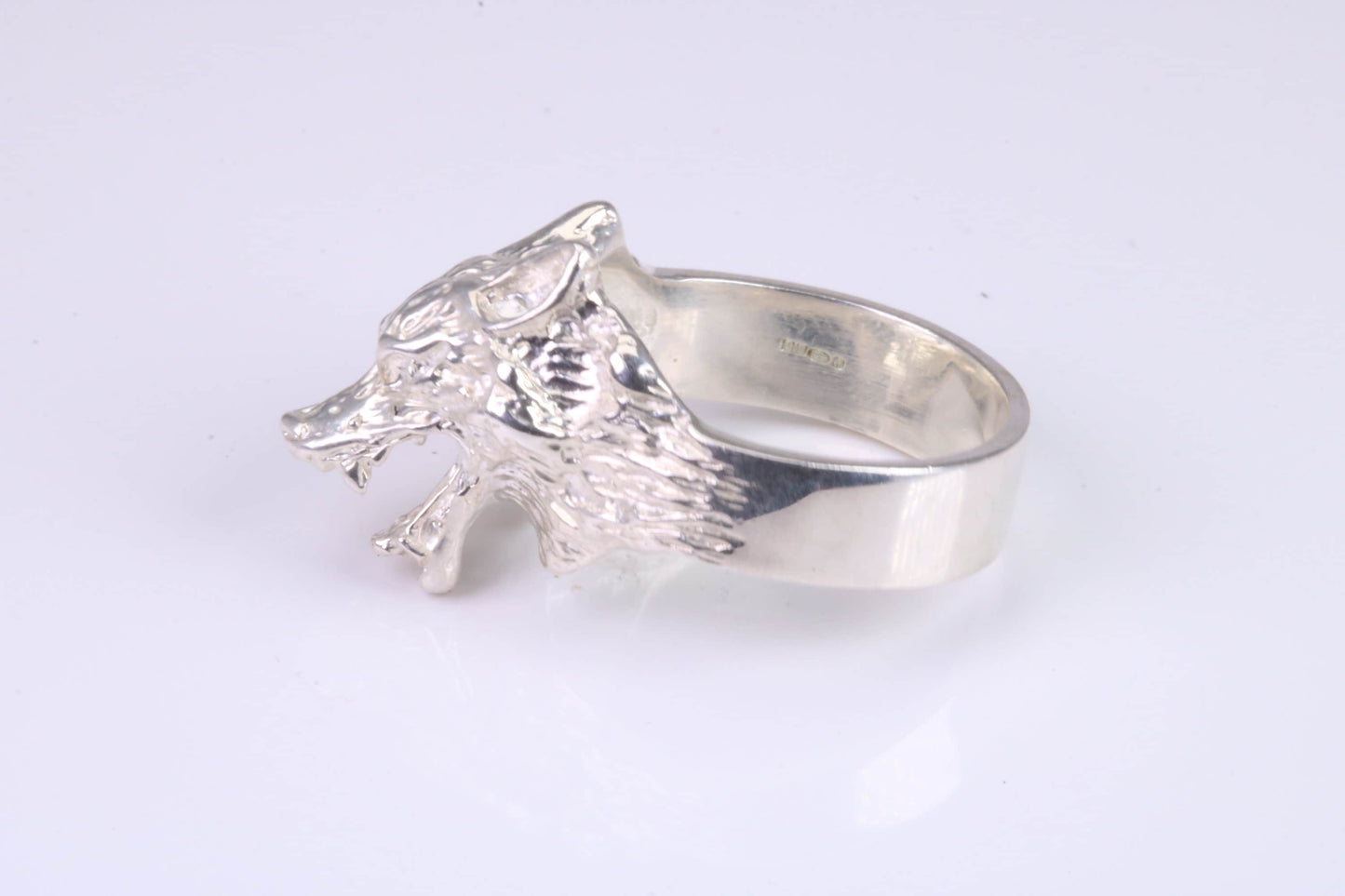 Large and heavy Wolf Head ring, made from solid cast silver, British Hallmarked