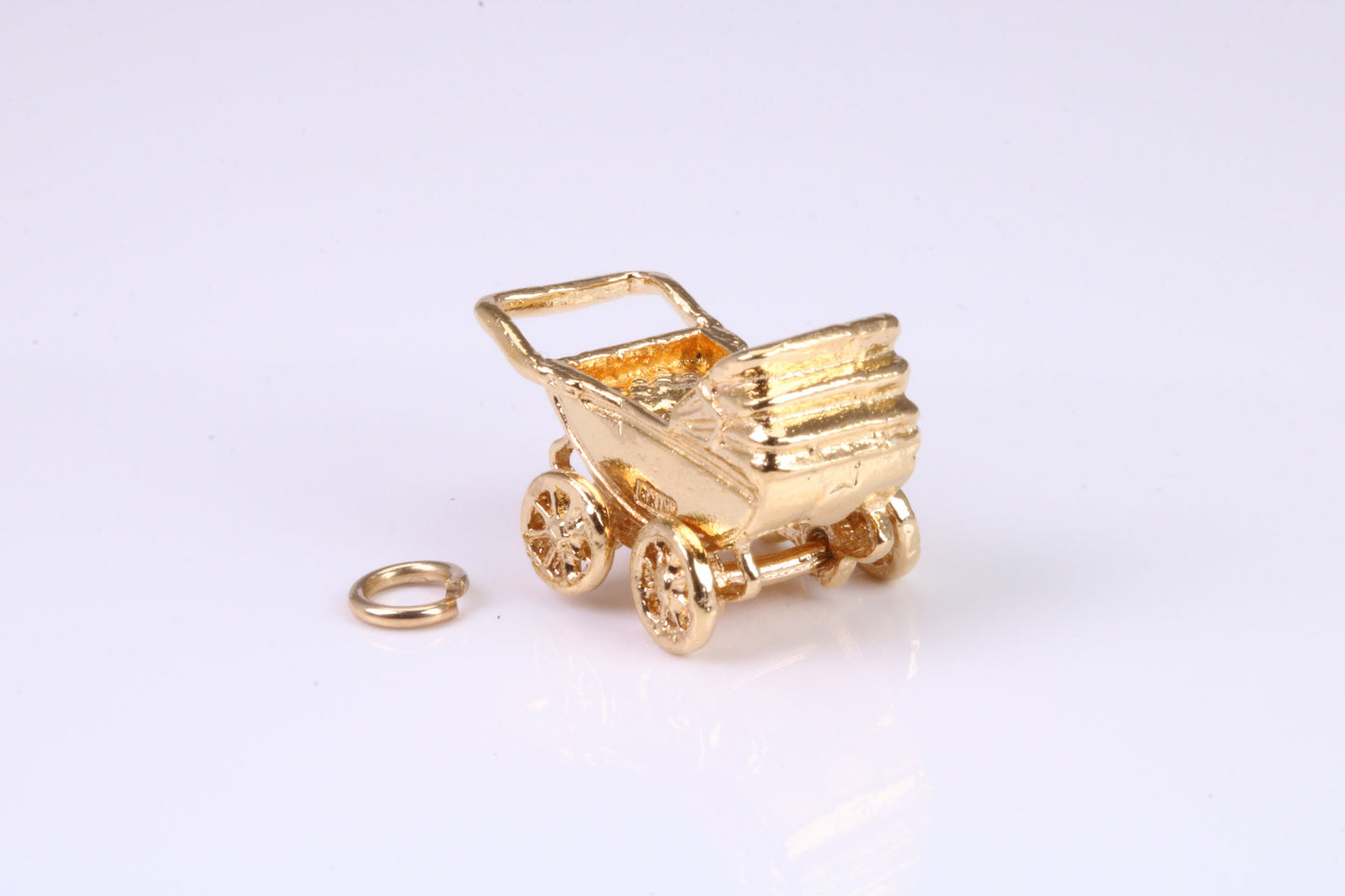 Baby Pram Charm, Traditional Charm, Made from Solid Yellow Gold, British Hallmarked, Complete with Attachment Link