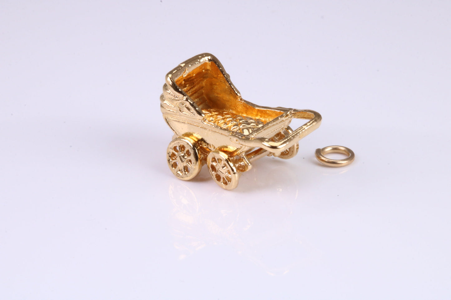 Baby Pram Charm, Traditional Charm, Made from Solid Yellow Gold, British Hallmarked, Complete with Attachment Link