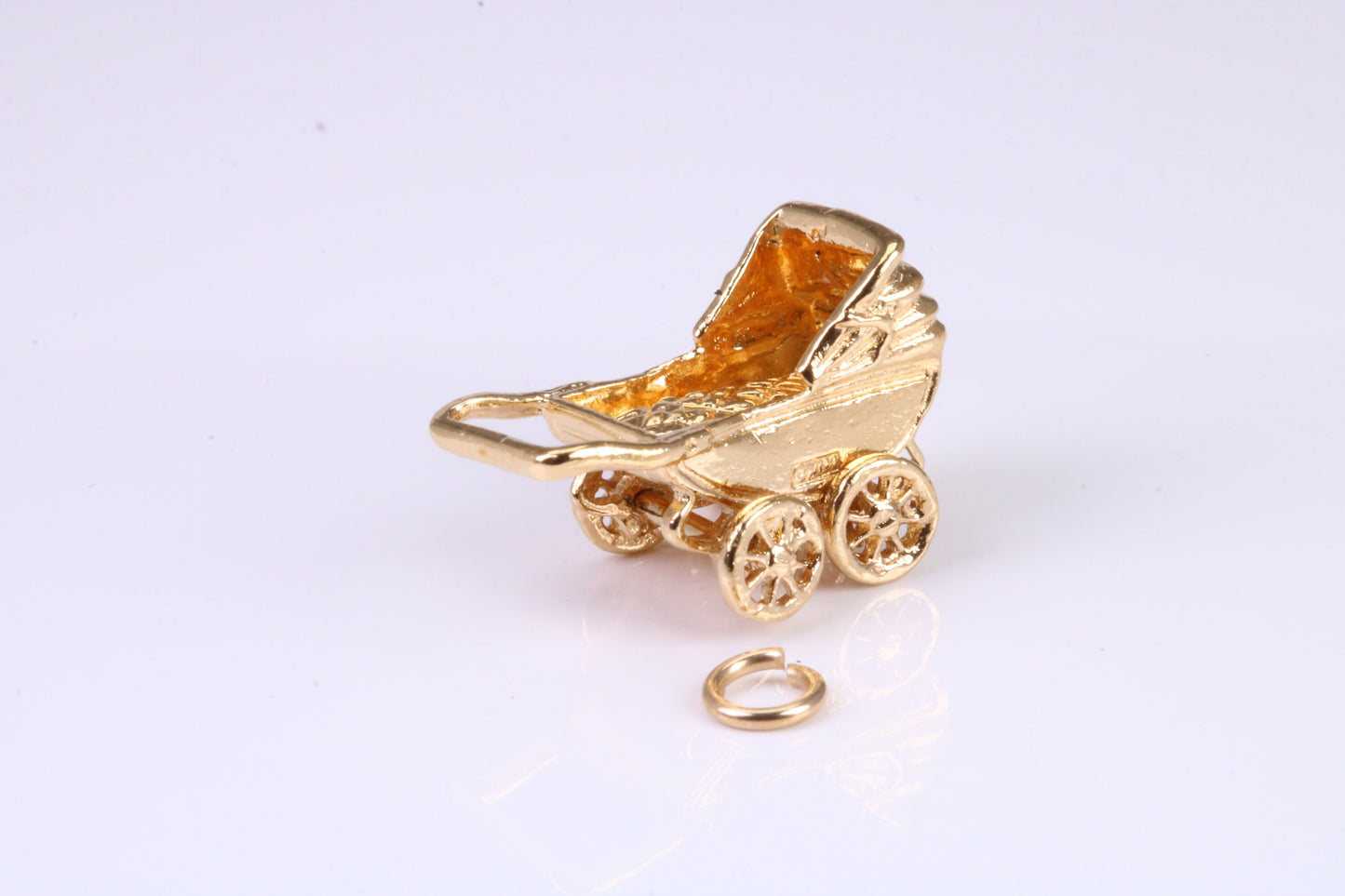 Baby Pram Charm, Traditional Charm, Made from Solid Yellow Gold, British Hallmarked, Complete with Attachment Link