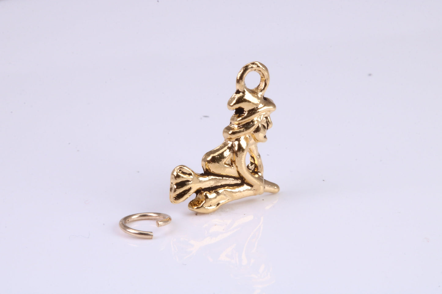 Witch on Broom Stick Charm, Traditional Charm, Made from Solid Cast British Hallmarked Yellow Gold