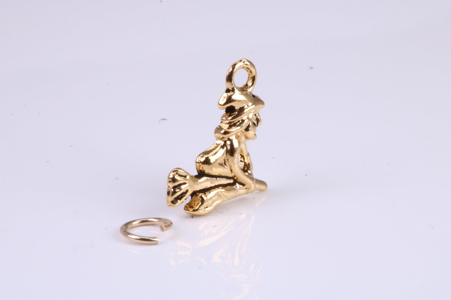 Witch on Broom Stick Charm, Traditional Charm, Made from Solid Cast British Hallmarked Yellow Gold