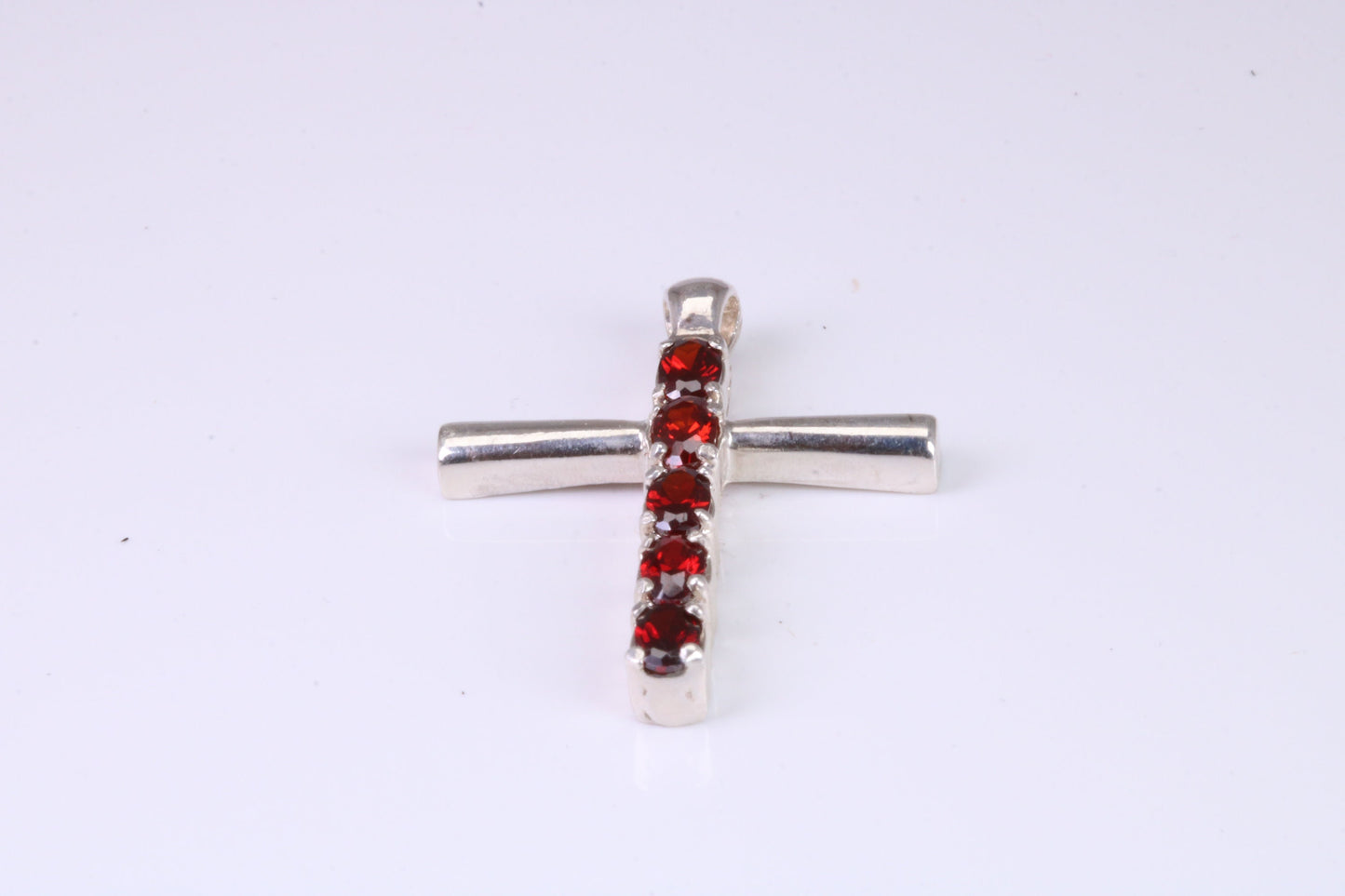 33 mm Long, Garnet Red C Z set Sterling Silver Cross, Made From Solid Cast Silver