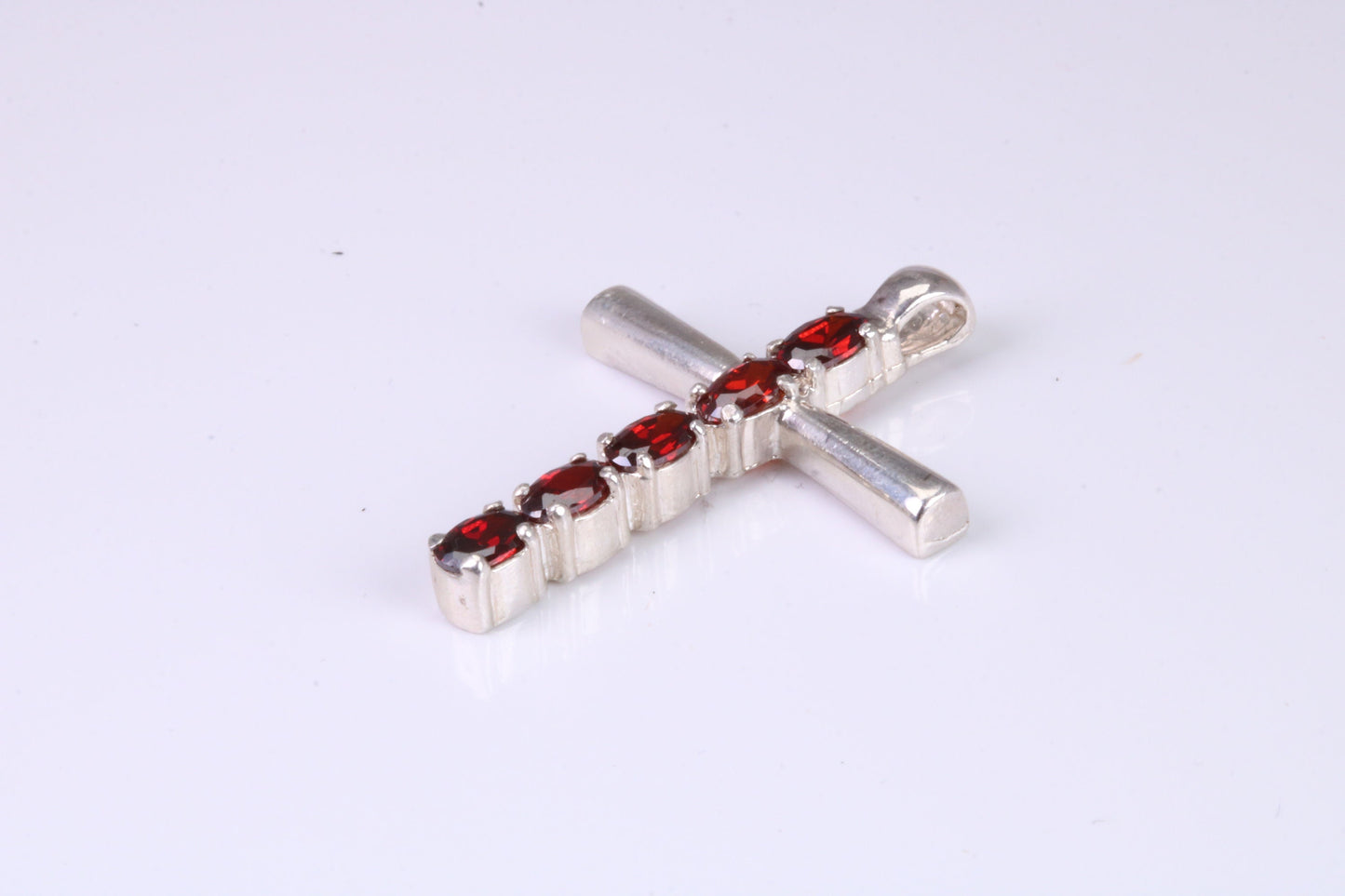 33 mm Long, Garnet Red C Z set Sterling Silver Cross, Made From Solid Cast Silver
