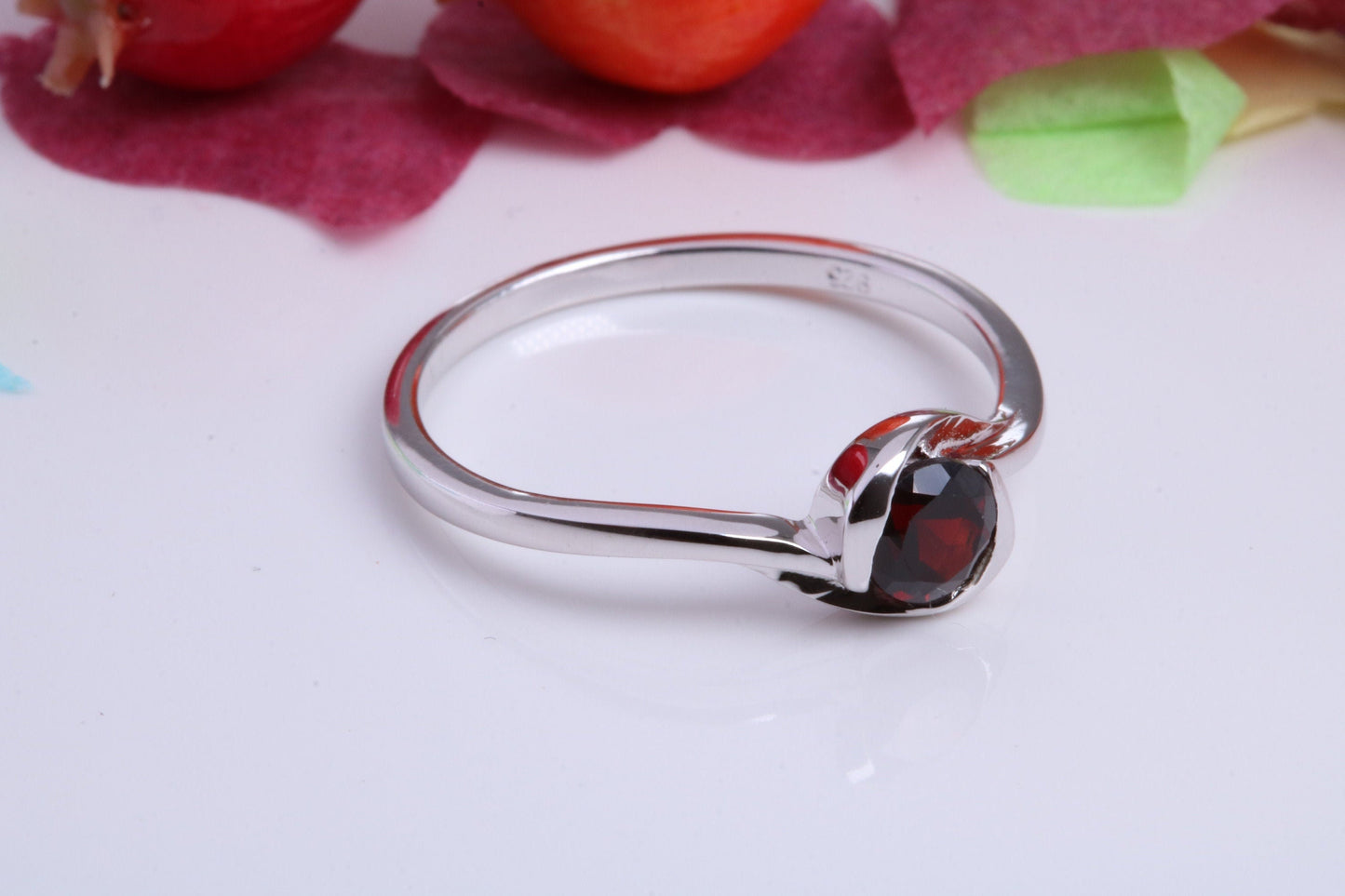 Natural Round cut Garnet set Sterling Silver Ring, Very Smooth Setting, January Birthstone