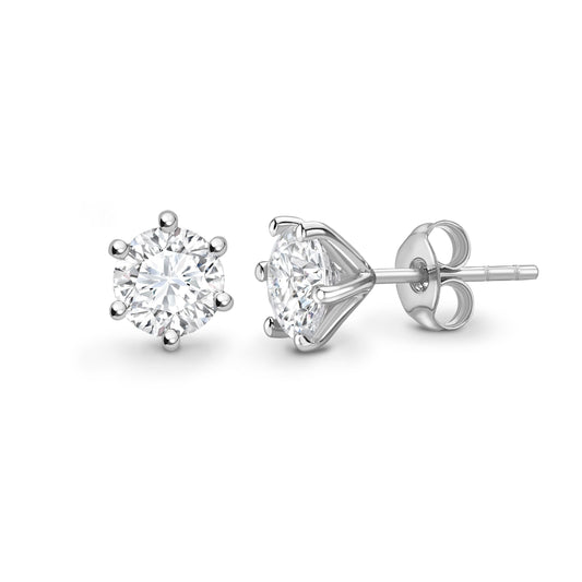 One and Half carat D V V S 1 graded and certified round cut Lab Grown Diamond set solitaire stud earrings