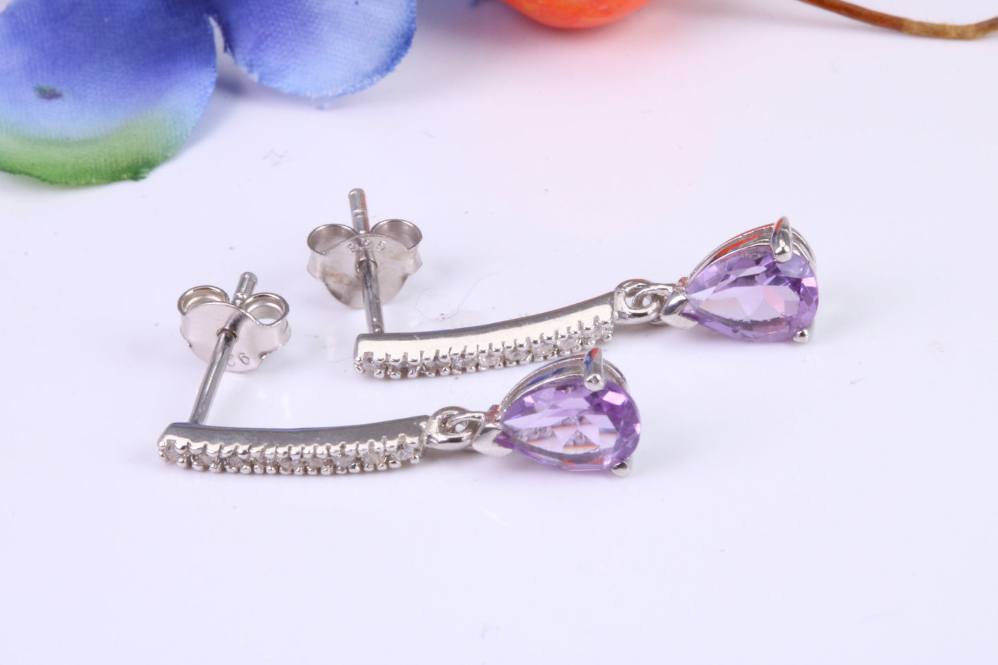 25 mm Long Amethyst and Diamond White C Z set Dropper Earrings, Made from Solid 925 Grade Sterling Silver