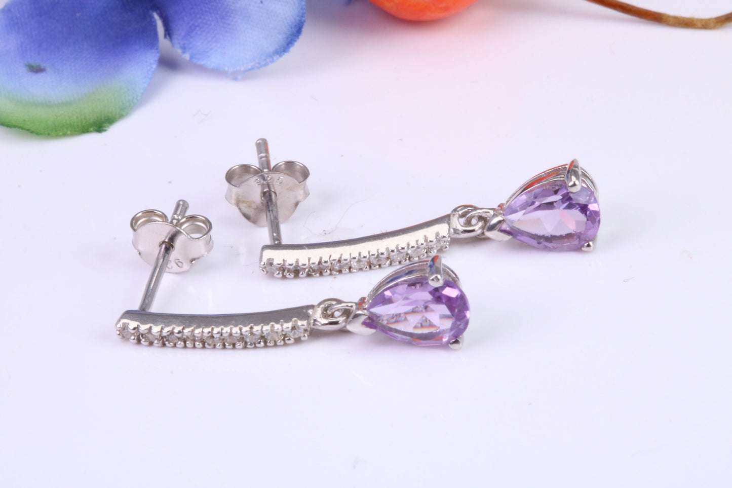 25 mm Long Amethyst and Diamond White C Z set Dropper Earrings, Made from Solid 925 Grade Sterling Silver