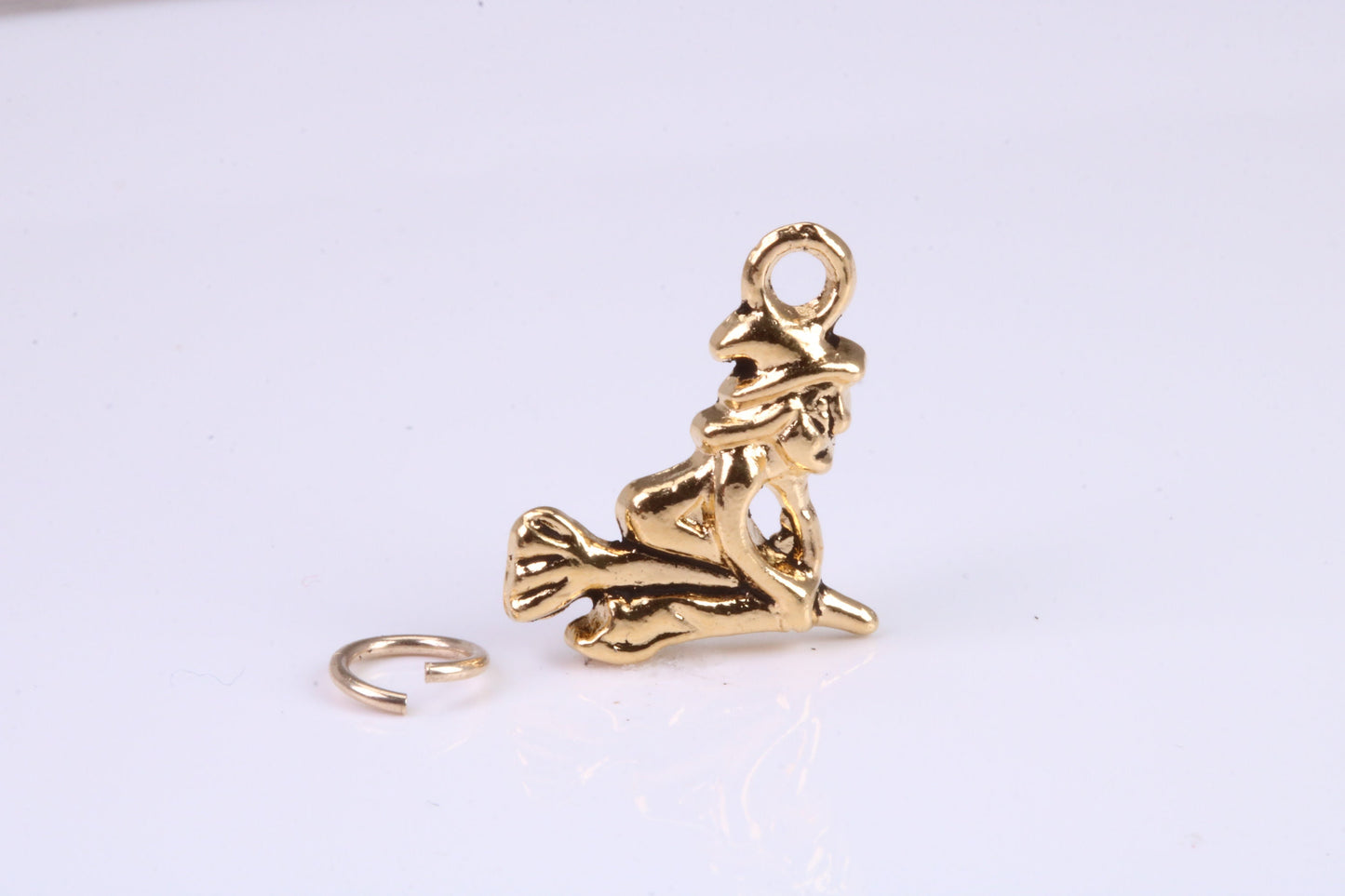 Witch on Broom Stick Charm, Traditional Charm, Made from Solid Cast British Hallmarked Yellow Gold