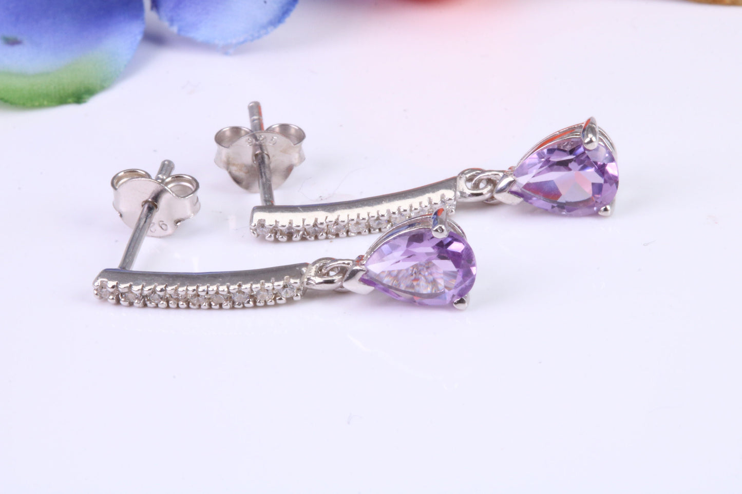 25 mm Long Amethyst and Diamond White C Z set Dropper Earrings, Made from Solid 925 Grade Sterling Silver