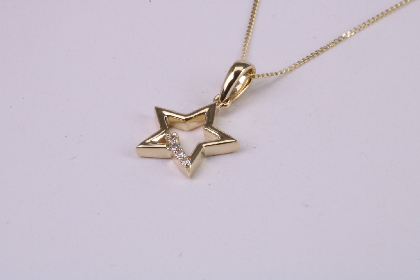 Natural Diamond set Star Necklace, 18 Inch Long Chain, Made from Solid Yellow Gold with High Polished Finish