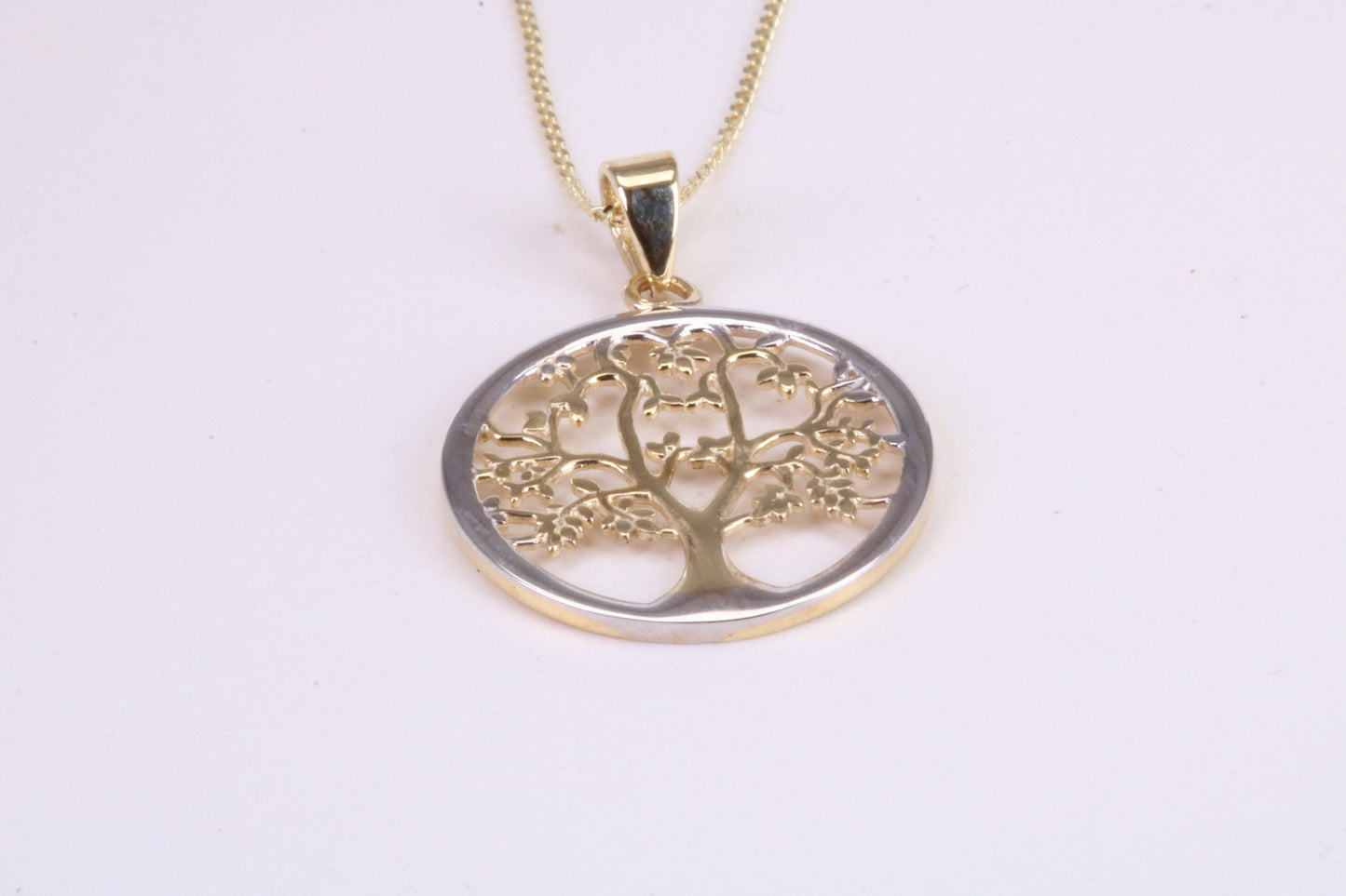 Tree of Live Necklace, Two Tone Finished Together with 18 Inch Long Chain, Made from Solid Yellow Gold with High Polished Finish