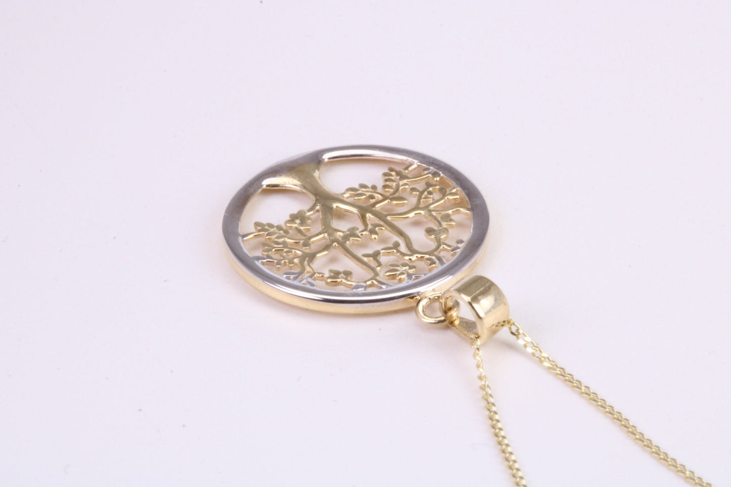 Tree of Live Necklace, Two Tone Finished Together with 18 Inch Long Chain, Made from Solid Yellow Gold with High Polished Finish