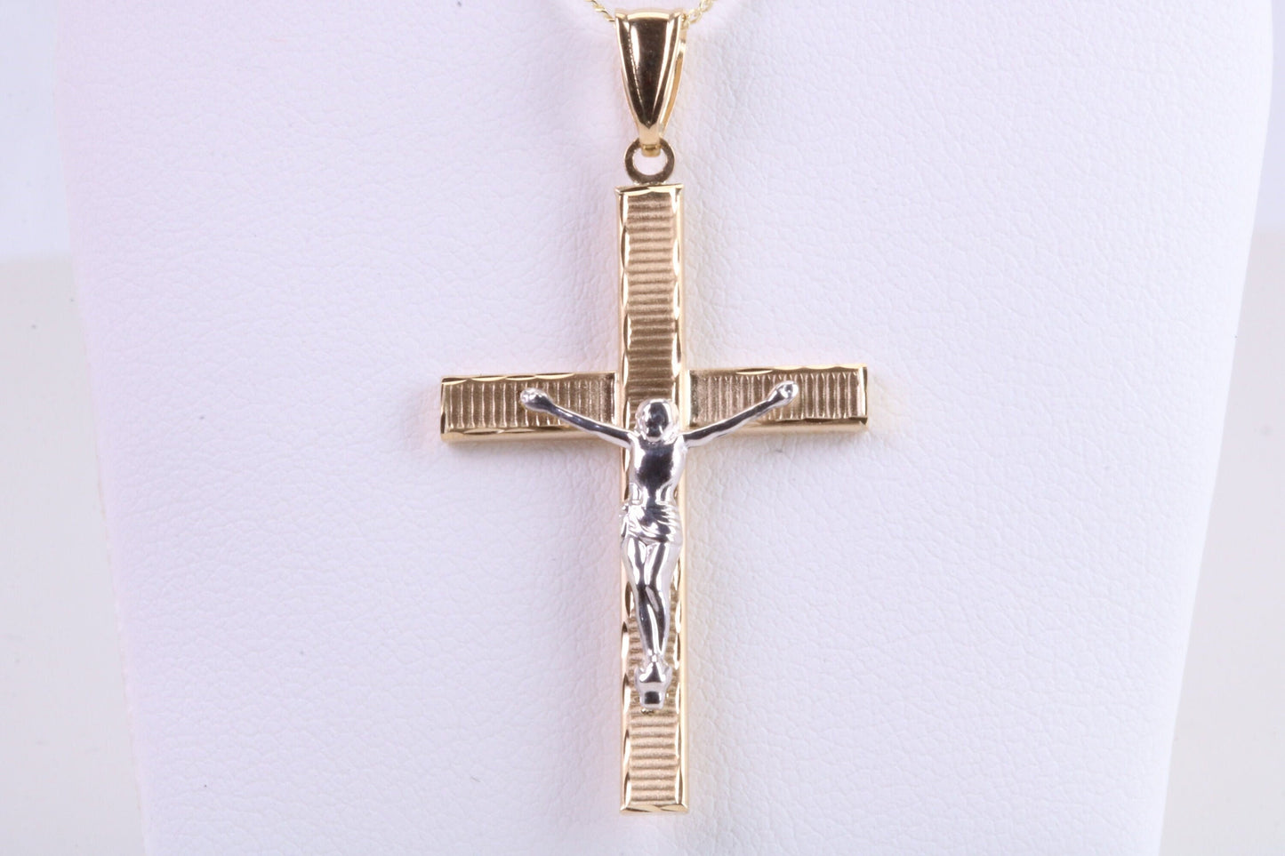 35 mm Long Two Tone Crucifix Necklace Together with 18 Inch Long Chain, Made from Solid Yellow Gold with High Polished Finish