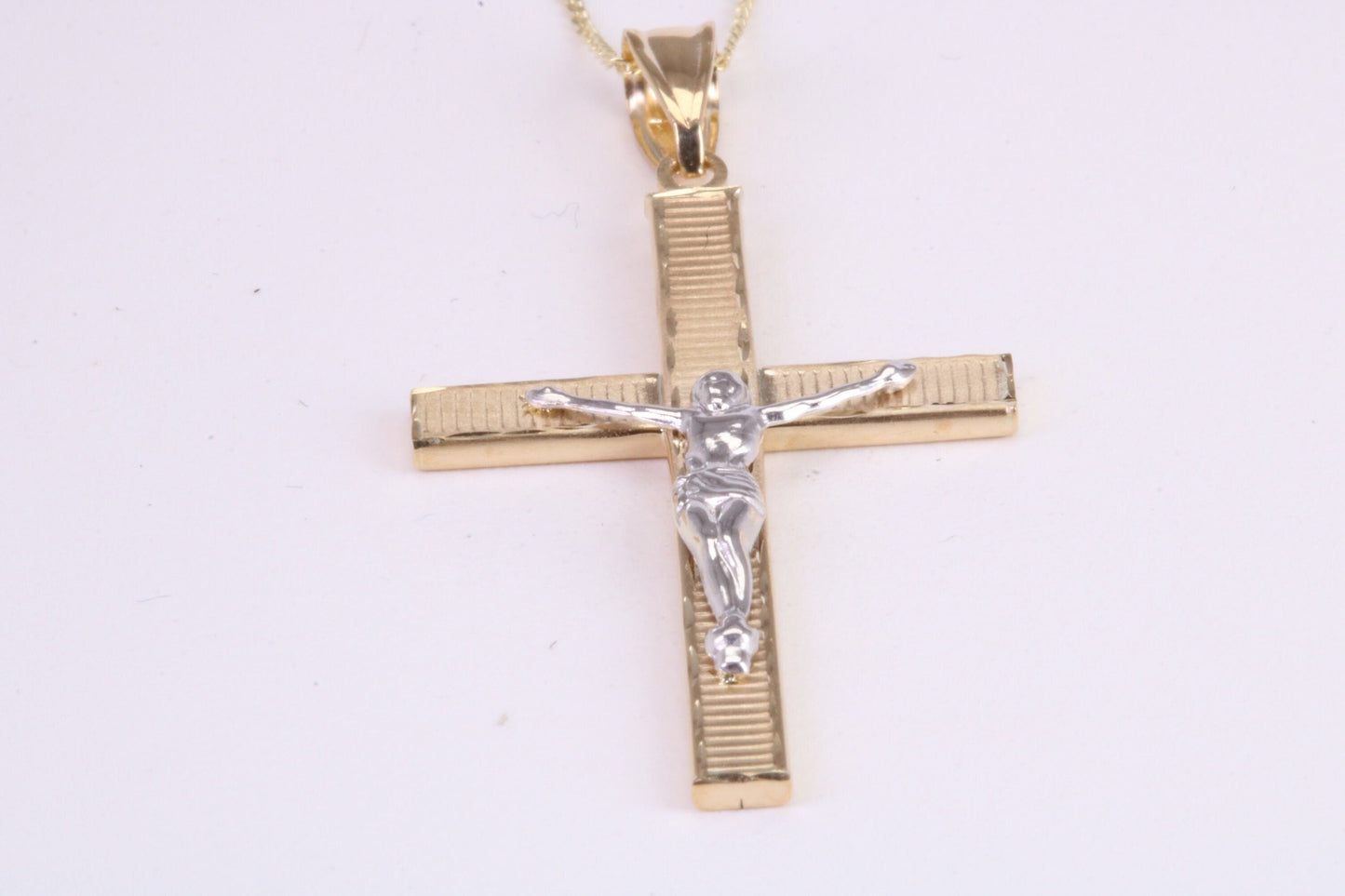 35 mm Long Two Tone Crucifix Necklace Together with 18 Inch Long Chain, Made from Solid Yellow Gold with High Polished Finish