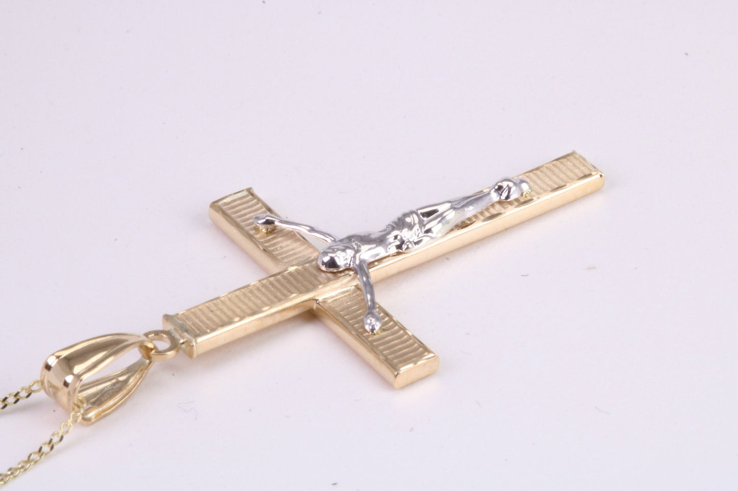 35 mm Long Two Tone Crucifix Necklace Together with 18 Inch Long Chain, Made from Solid Yellow Gold with High Polished Finish
