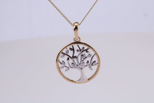 Diamond set Tree of Live Necklace, Two Tone Finish, Together with 18 Inch Long Chain, Made from Solid Yellow Gold