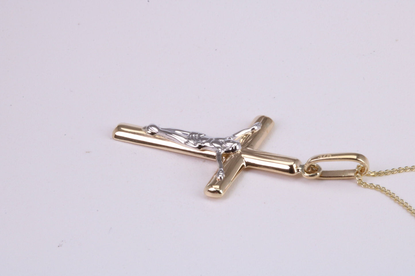 Two Tone Crucifix Necklace Together with 18 Inch Long Chain, Made from Solid Yellow Gold with High Polished Finish