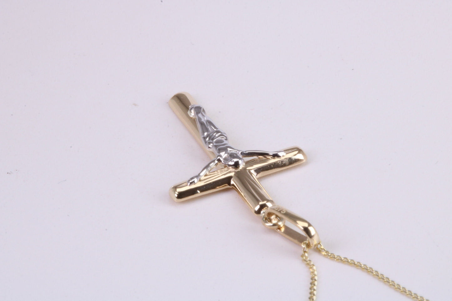 Two Tone Crucifix Necklace Together with 18 Inch Long Chain, Made from Solid Yellow Gold with High Polished Finish