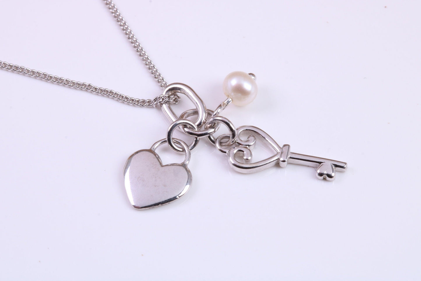 Heart, Key and Pearl Charm Necklace, made from solid Sterling Silver