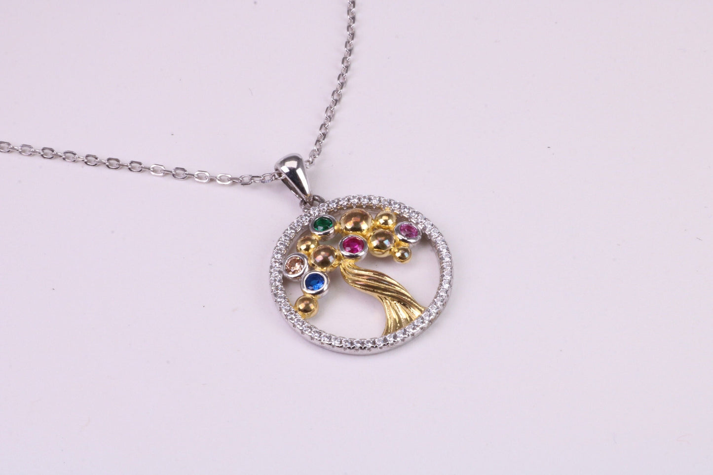 Tree of Life Cubic Zirconia set Necklace, made from solid Sterling Silver, 18ct Yellow Gold Plated, Length Adjustable Chain