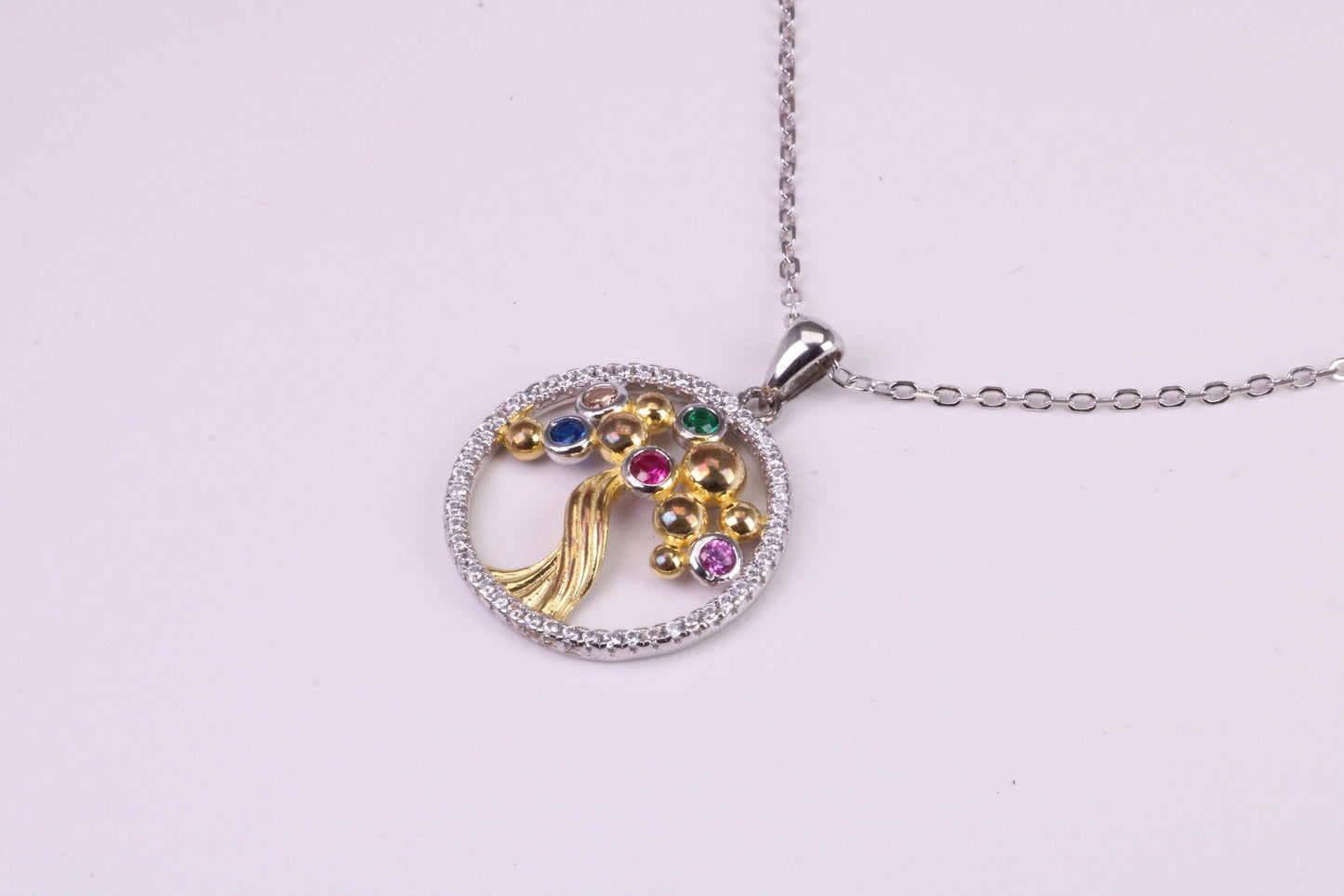 Tree of Life Cubic Zirconia set Necklace, made from solid Sterling Silver, 18ct Yellow Gold Plated, Length Adjustable Chain