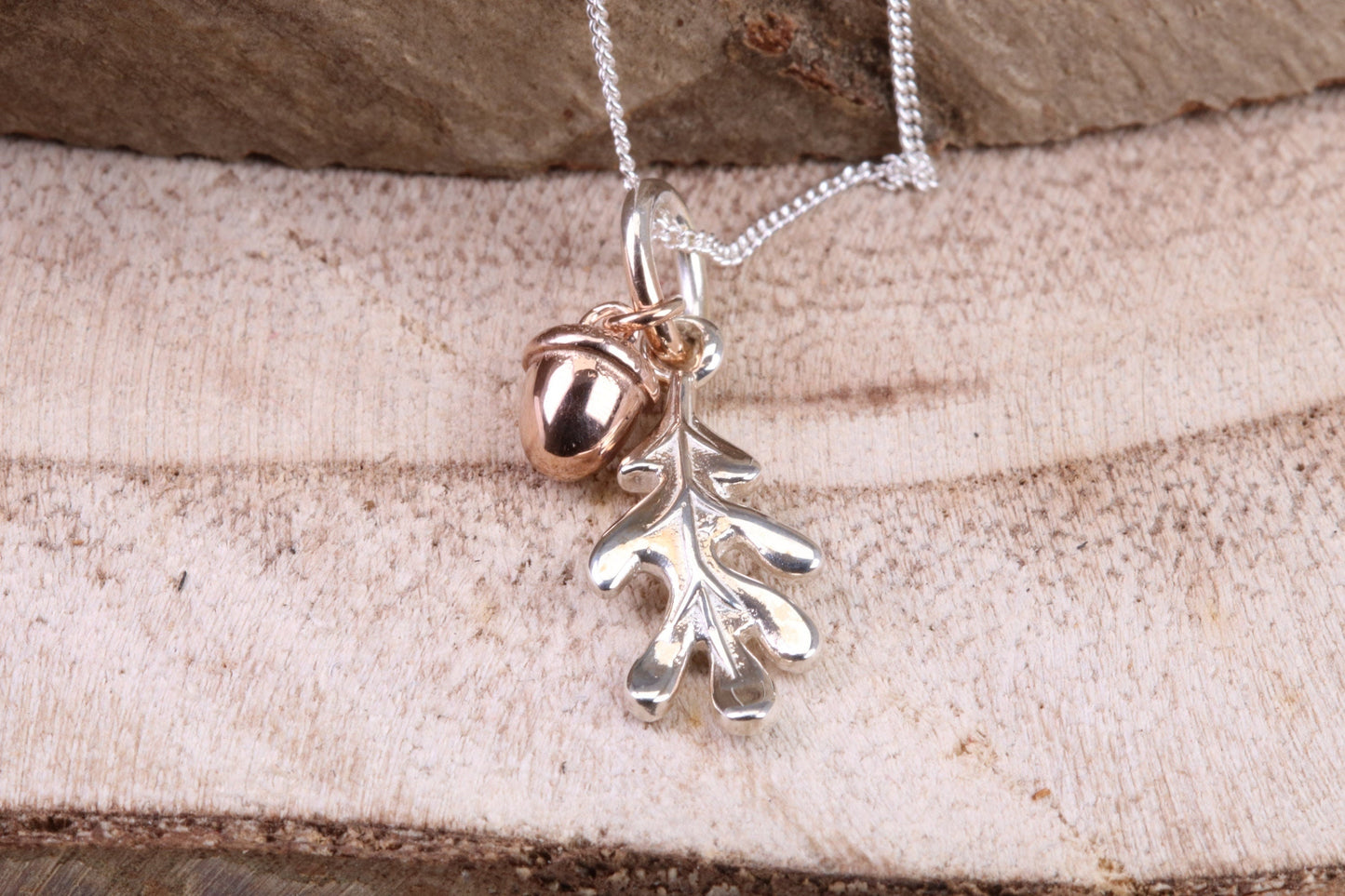Acorn and Leaf Charm Necklace, made from solid Sterling Silver