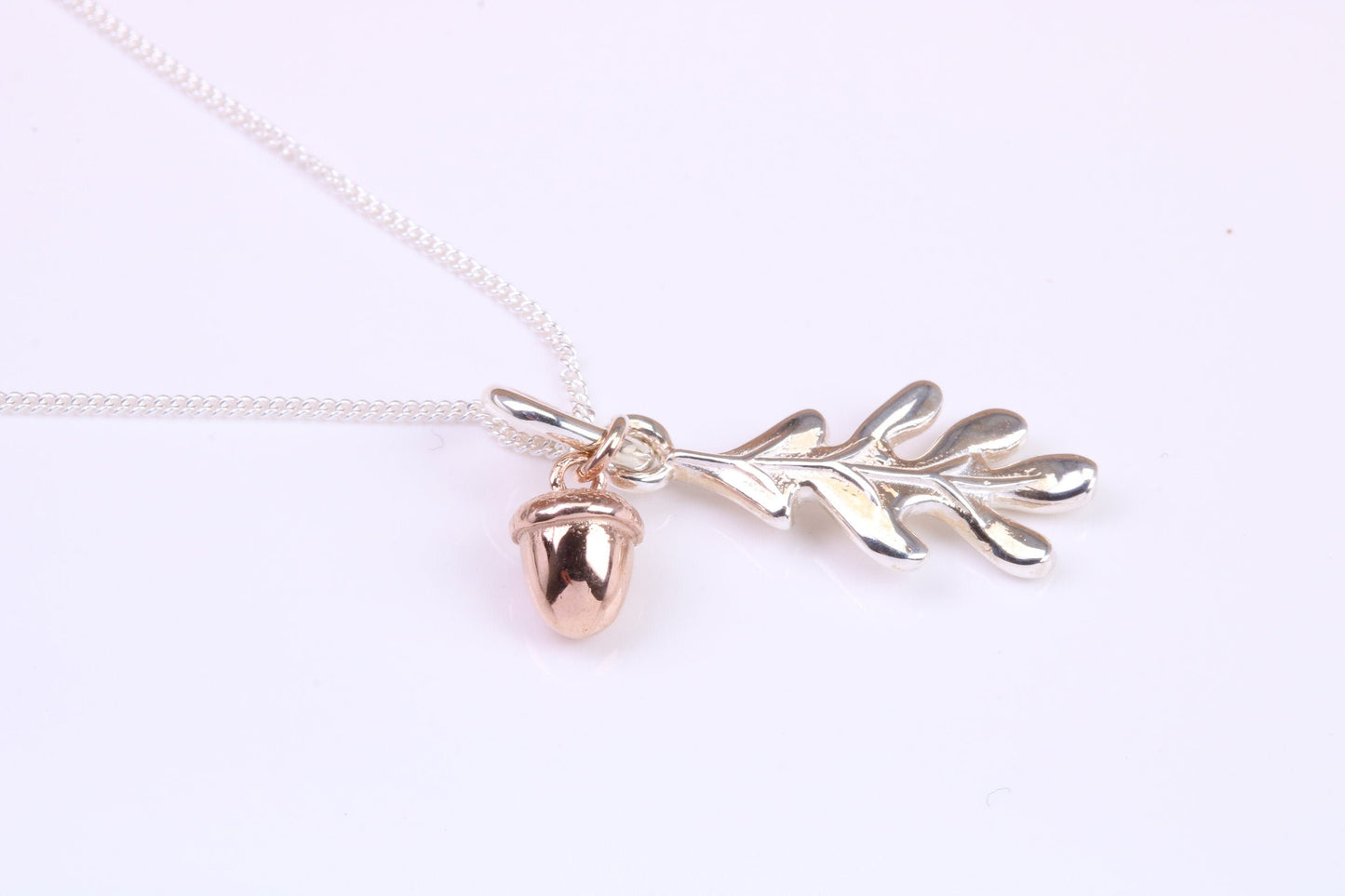 Acorn and Leaf Charm Necklace, made from solid Sterling Silver