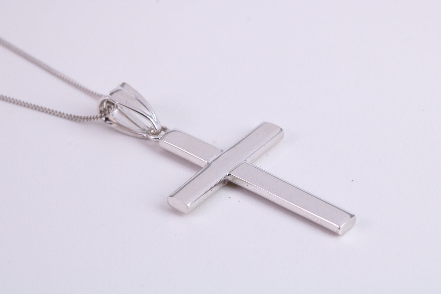 27 mm Long Cross Necklace Together with 18 Inch Long Chain, Made from Solid White Gold with High Polished Finish
