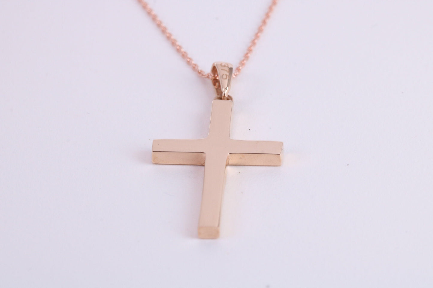 24 mm Long Rose Gold Cross Together with 18 Inch Long Chain, Made from Solid Rose Gold with High Polished Finish