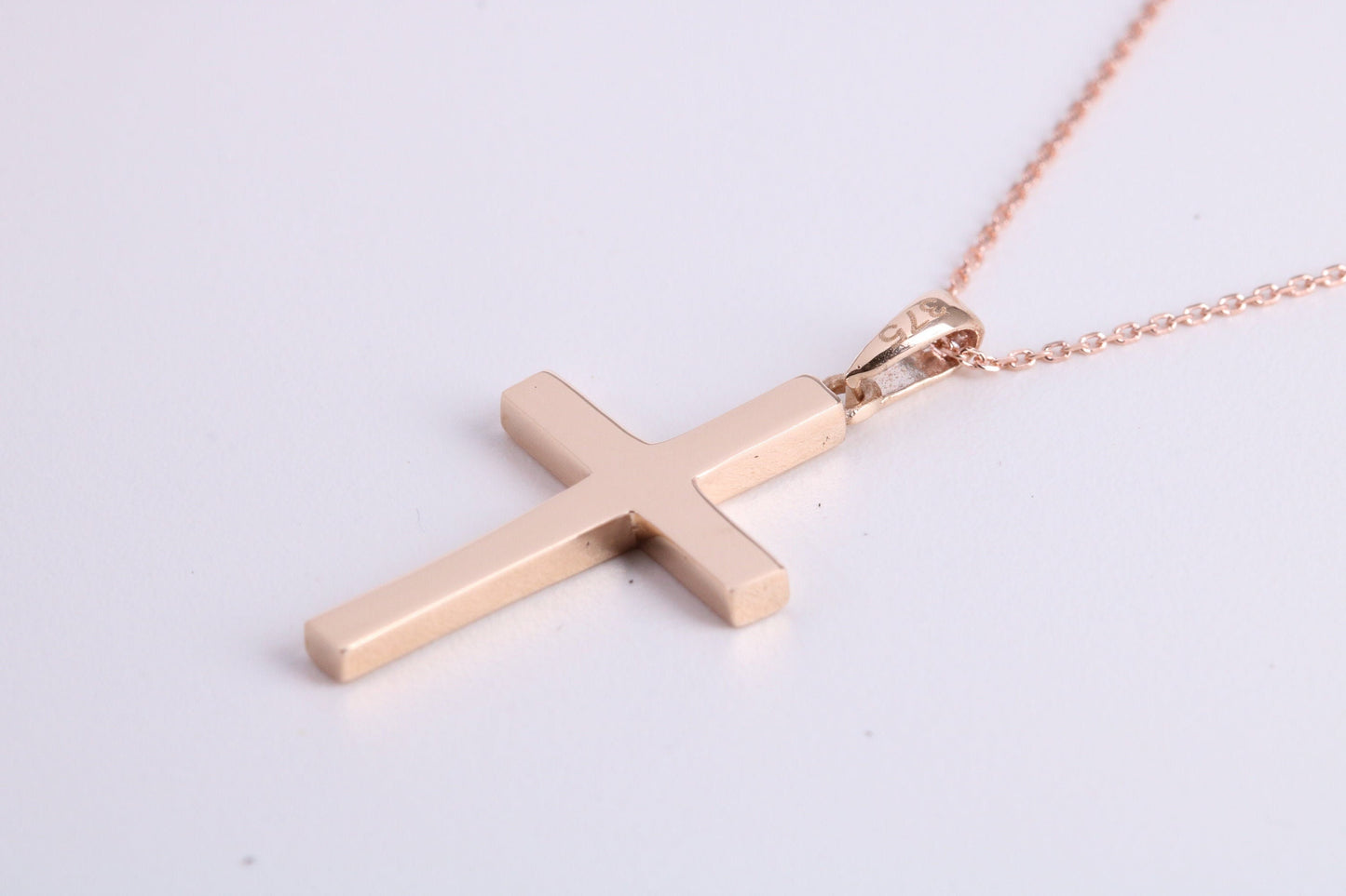 24 mm Long Rose Gold Cross Together with 18 Inch Long Chain, Made from Solid Rose Gold with High Polished Finish