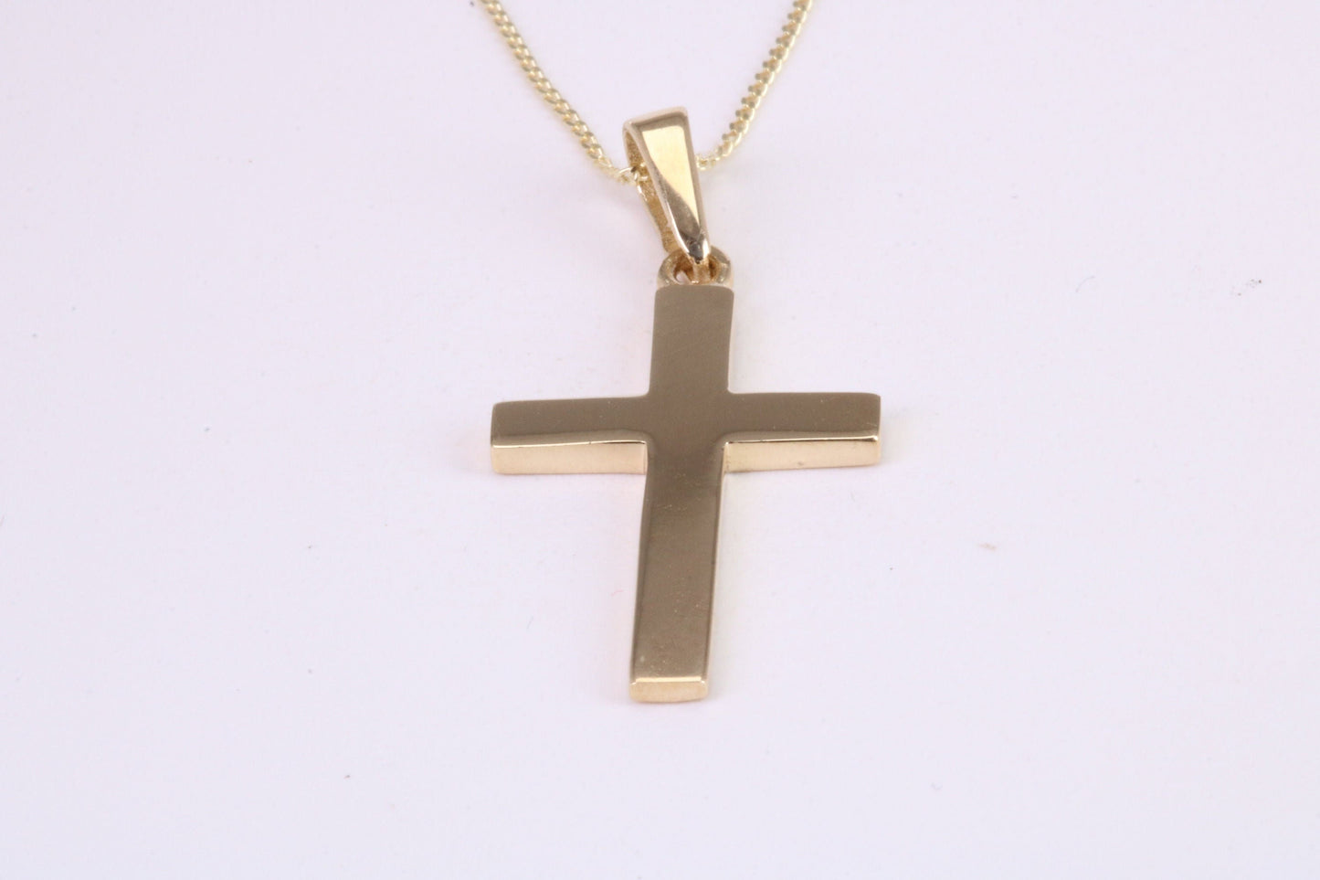 Simple 26 mm Long Cross Together with 18 Inch Long Chain, Made from Solid Yellow Gold with High Polished Finish