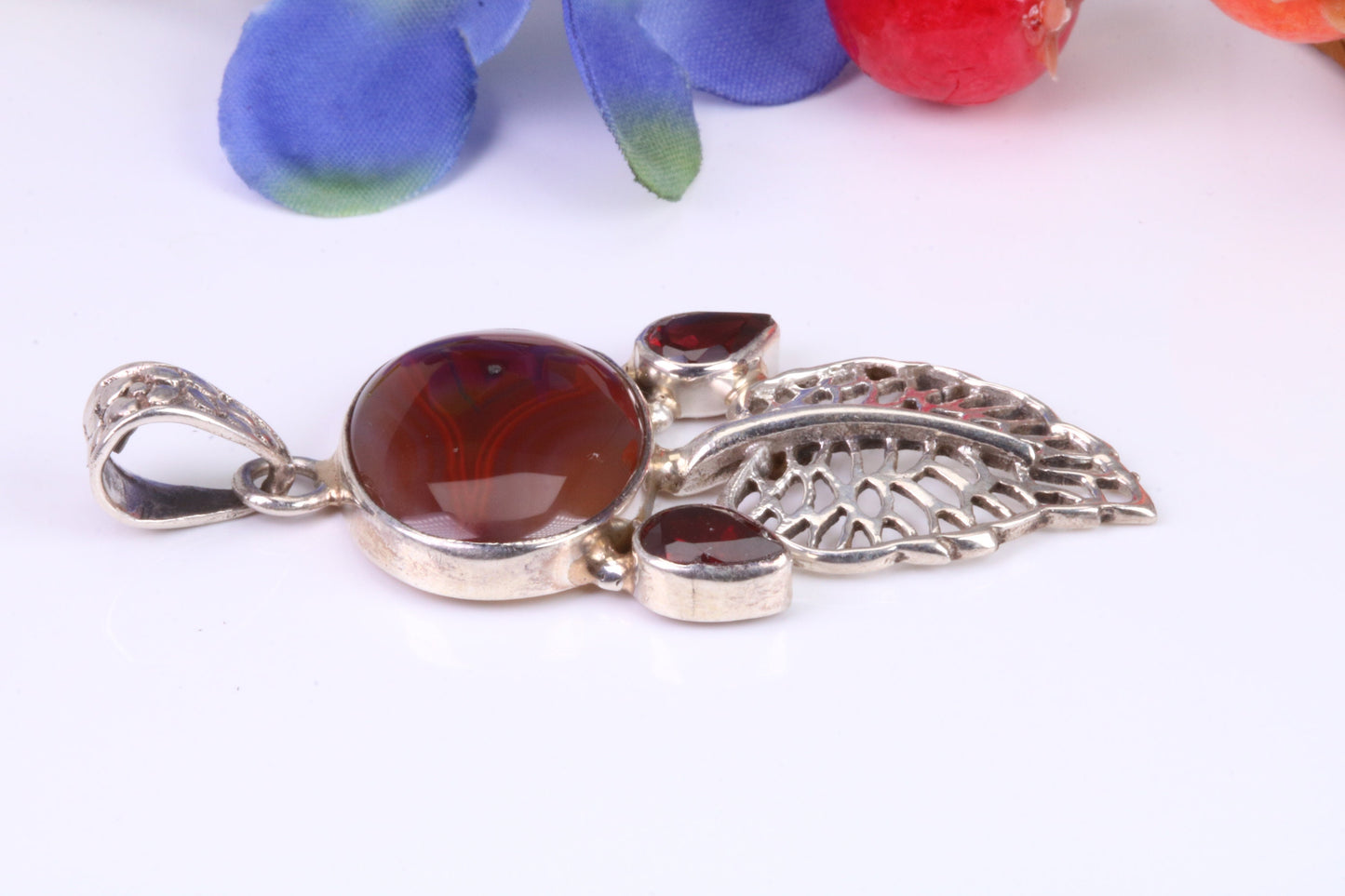 Large Brown Agate and Garnet Pendant set in Sterling Silver