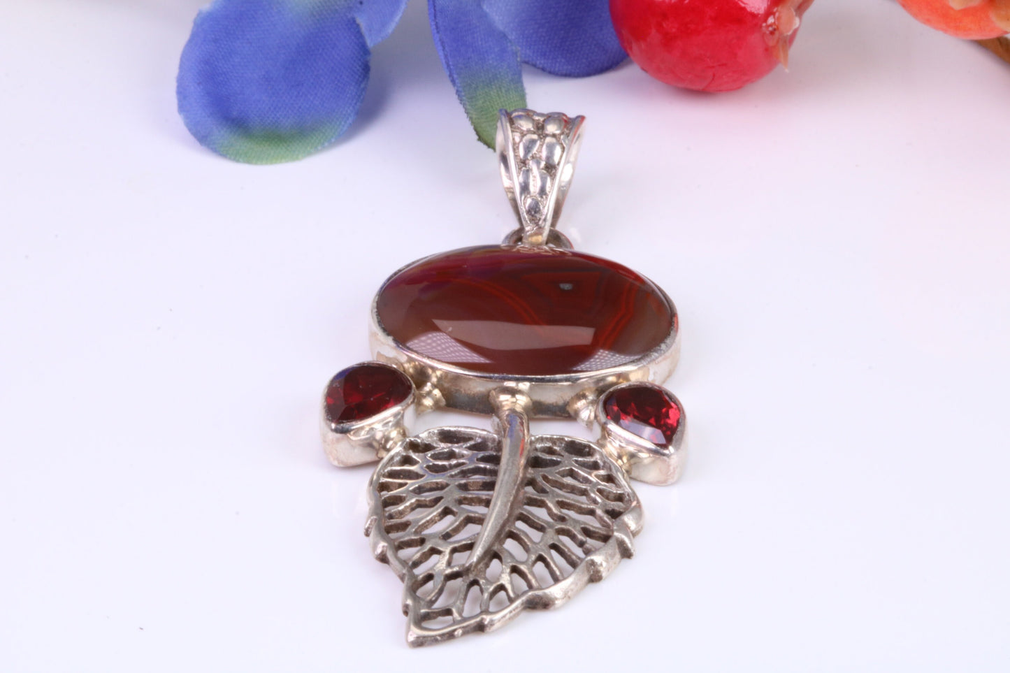 Large Brown Agate and Garnet Pendant set in Sterling Silver